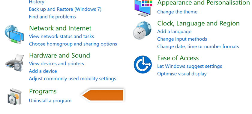 Programs tool in Control Panel