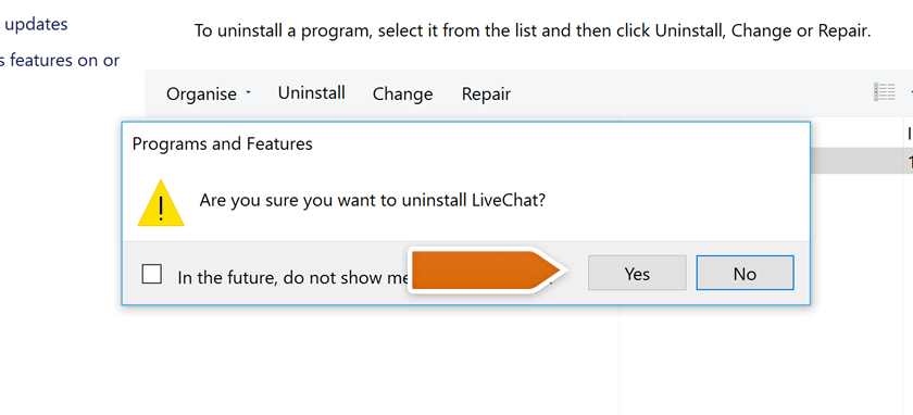 Confirming LiveChat uninstall process