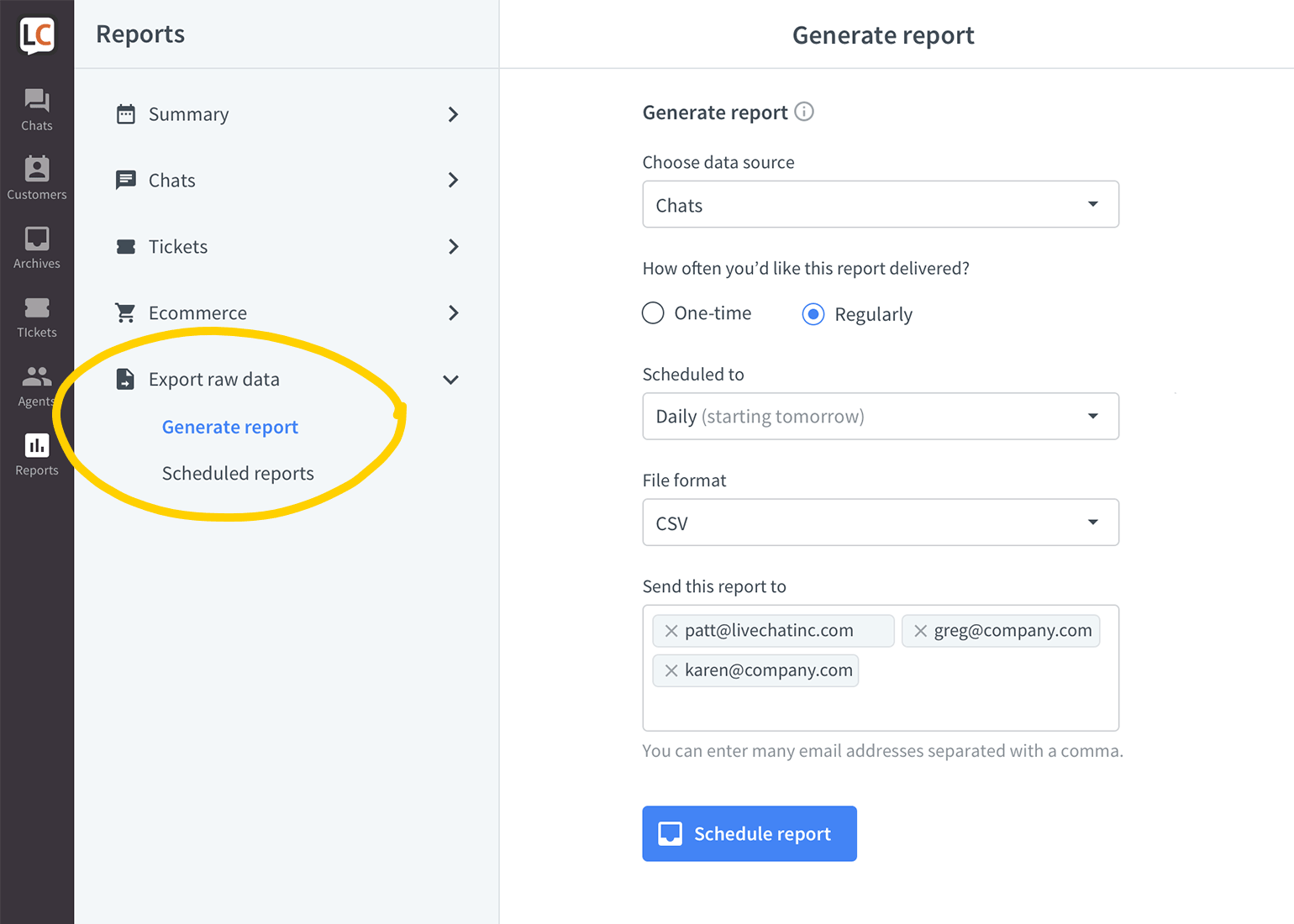 Export raw data in LiveChat reports