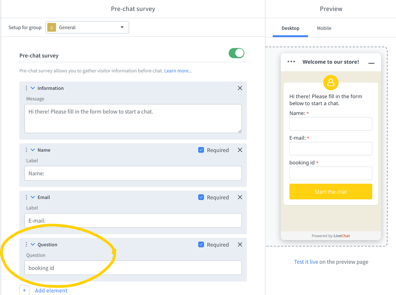 Add a new question field in a pre-chat survey in LiveChat