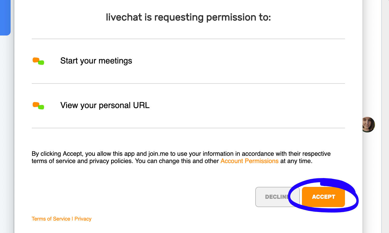 give LiveChat permission to access join.me account