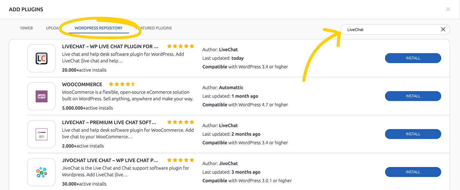Search for LiveChat in 10Web WordPress plugins