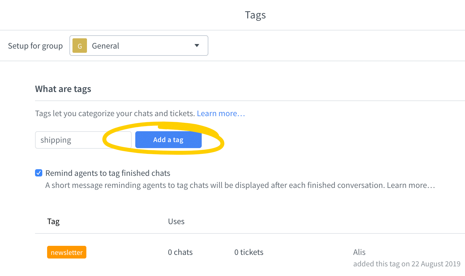 Add a tag to tag list in LiveChat