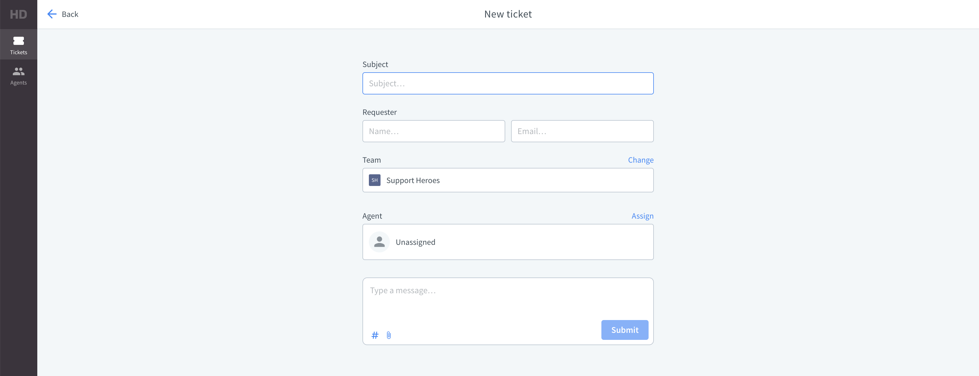 The &ldquo;New ticket&rdquo; view in the HelpDesk app