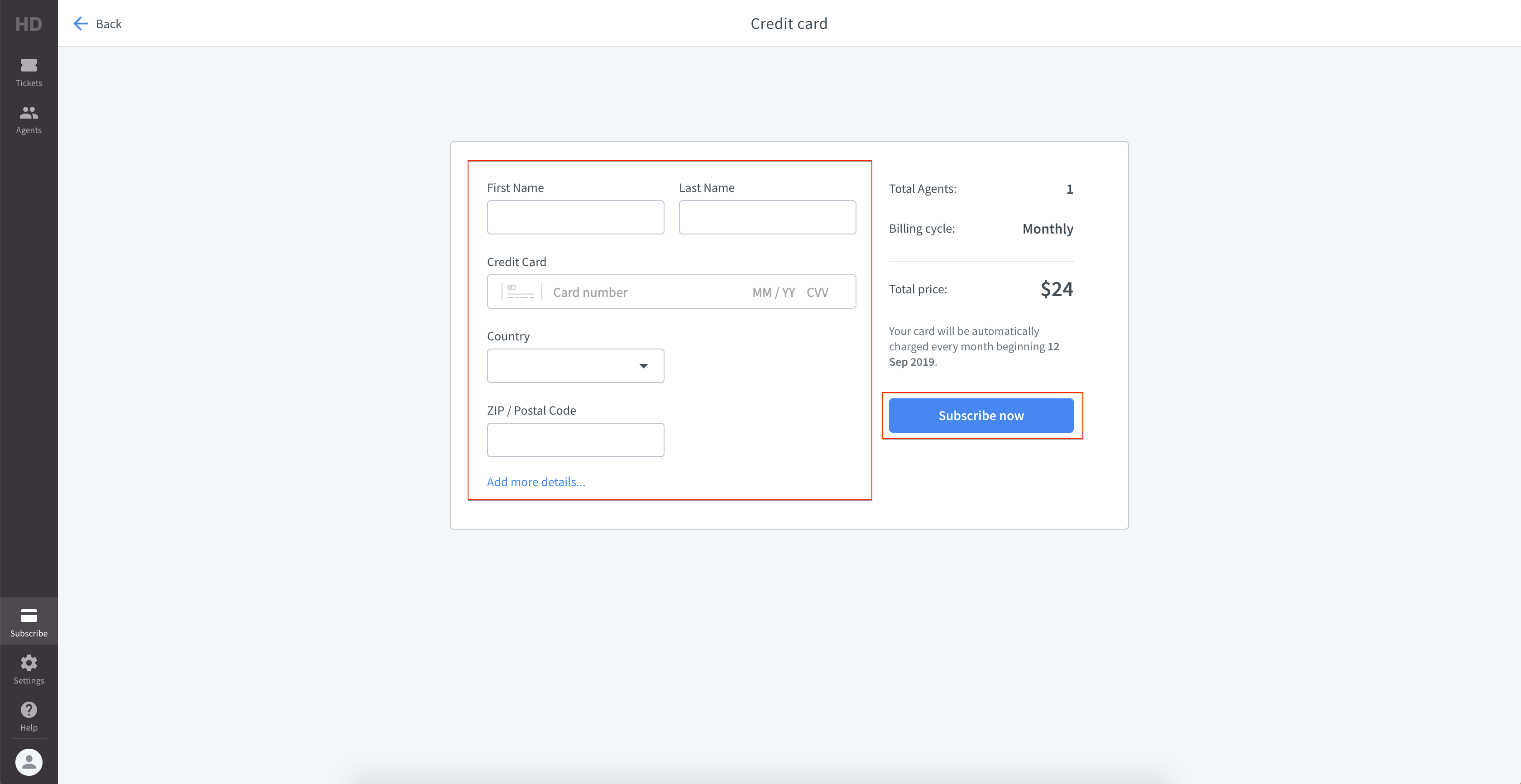 Adding card details in HelpDesk