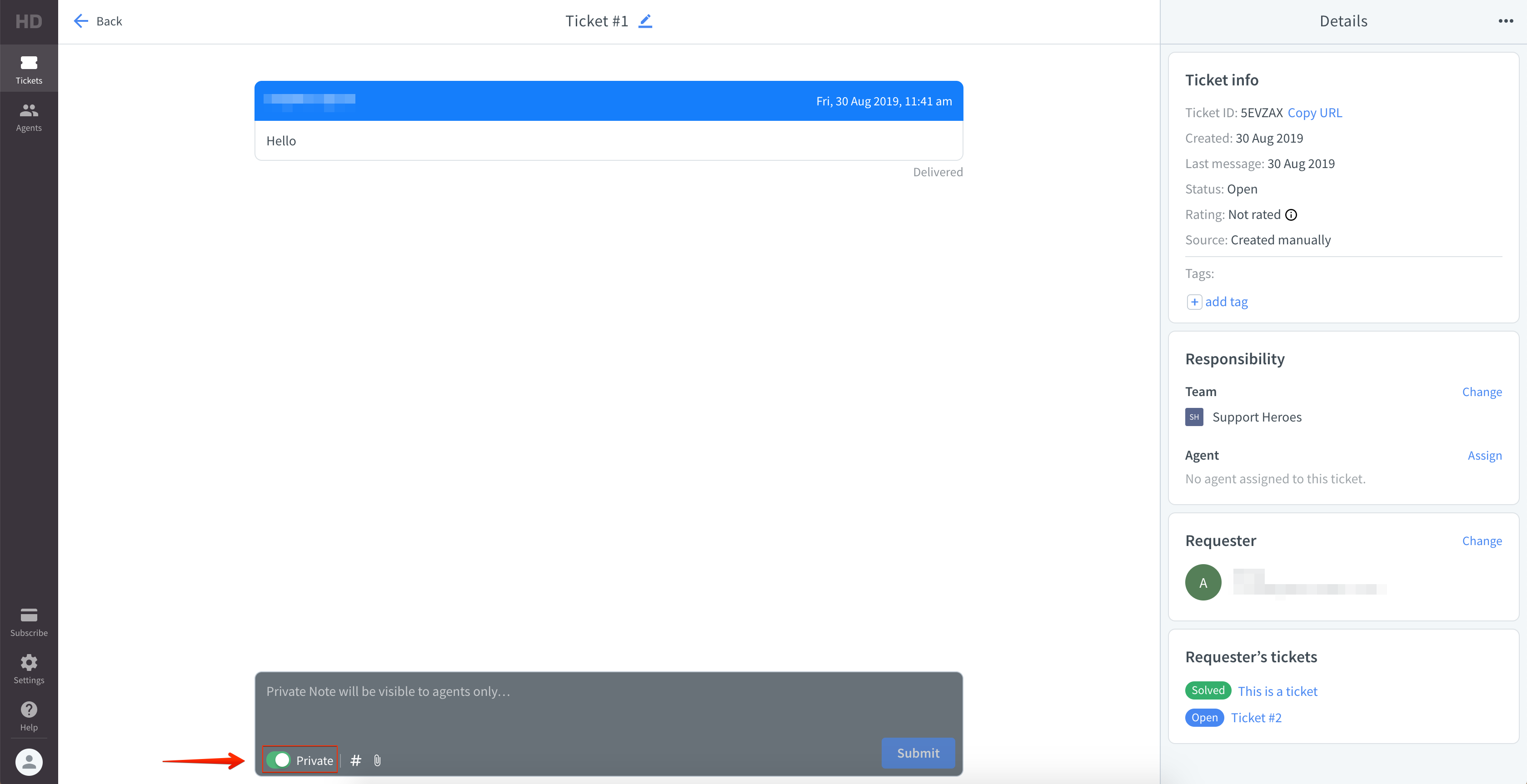 The private note toggle in HelpDesk