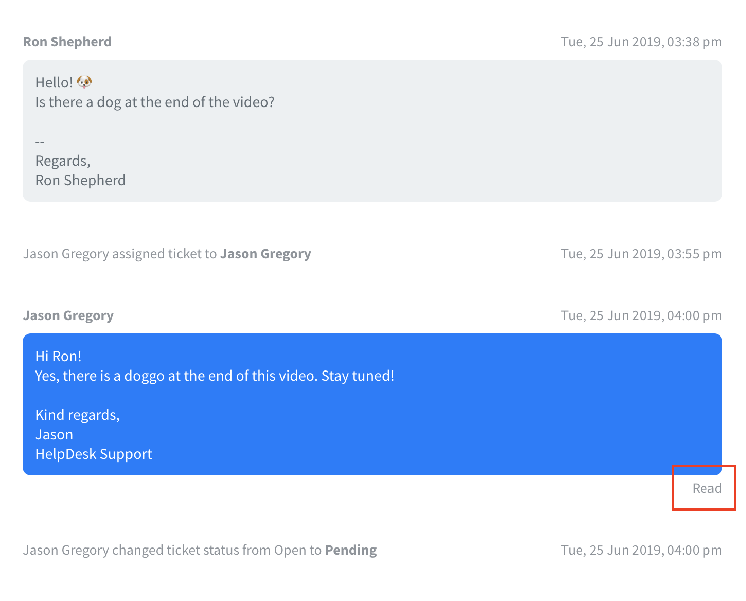 The &ldquo;read&rdquo; status in the ticket view