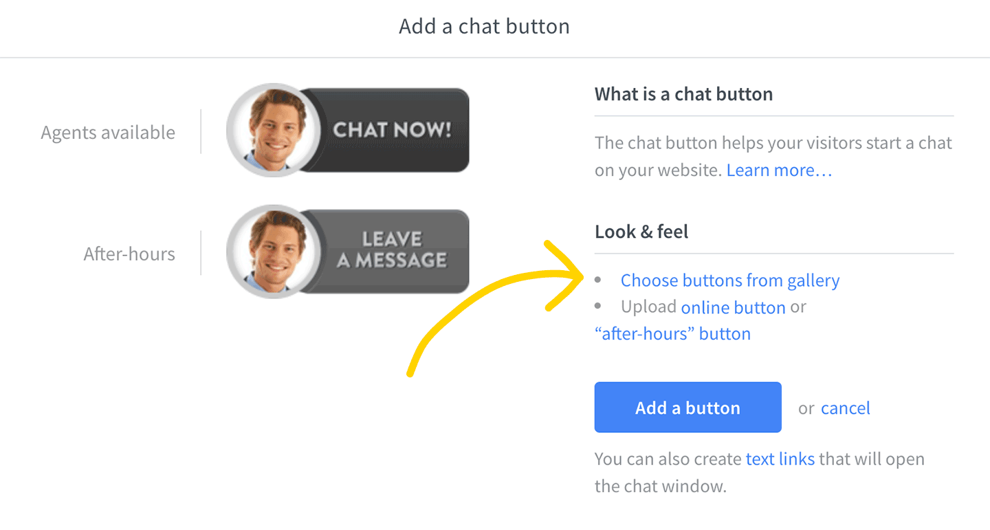 Choose a chat button from LiveChat gallery