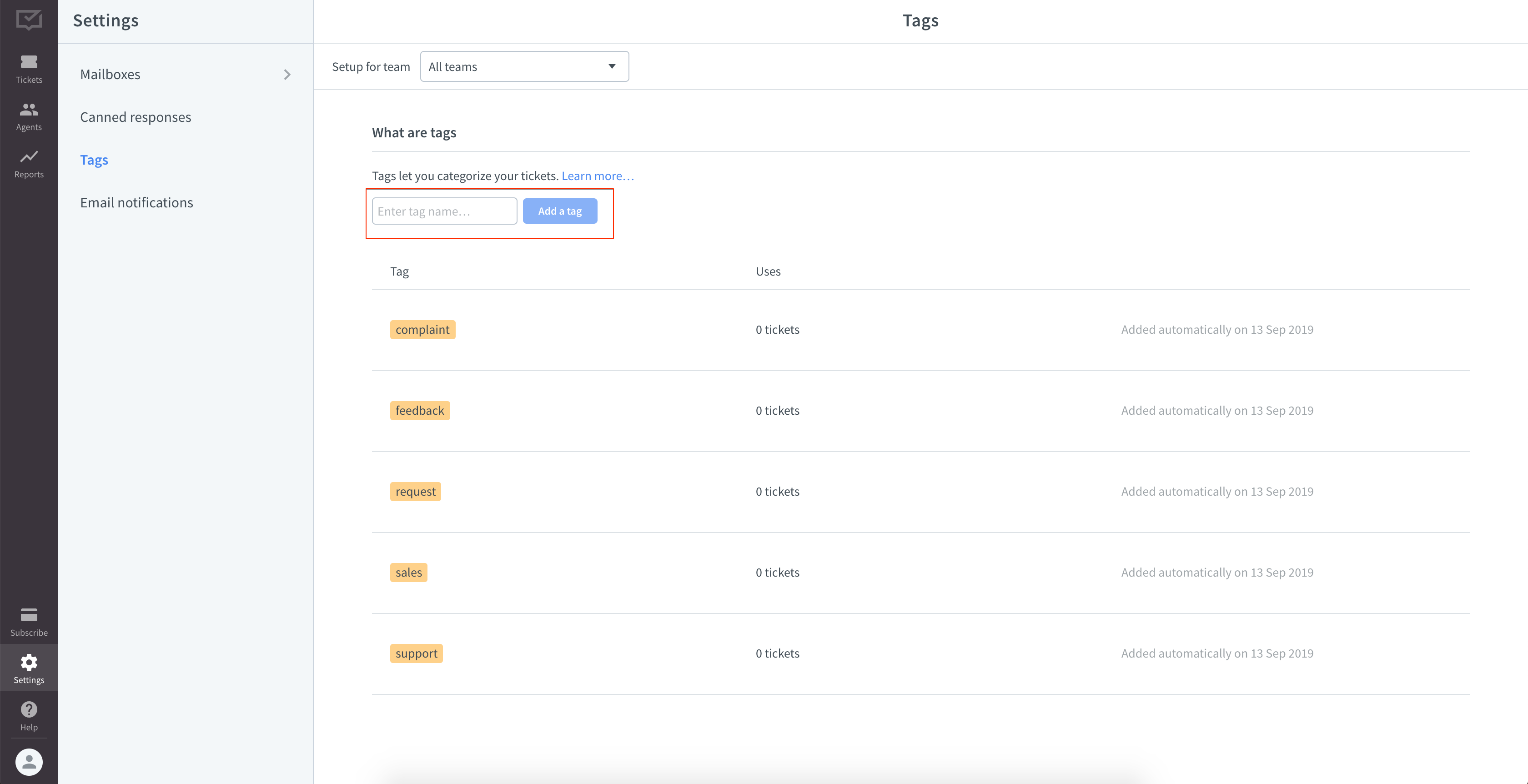 Tags in HelpDesk settings
