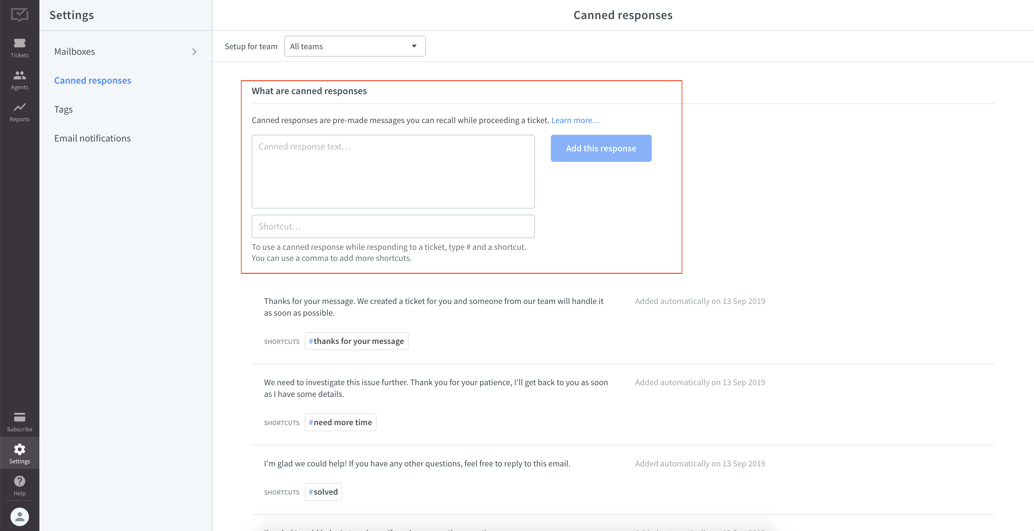 Canned responses in HelpDesk settings