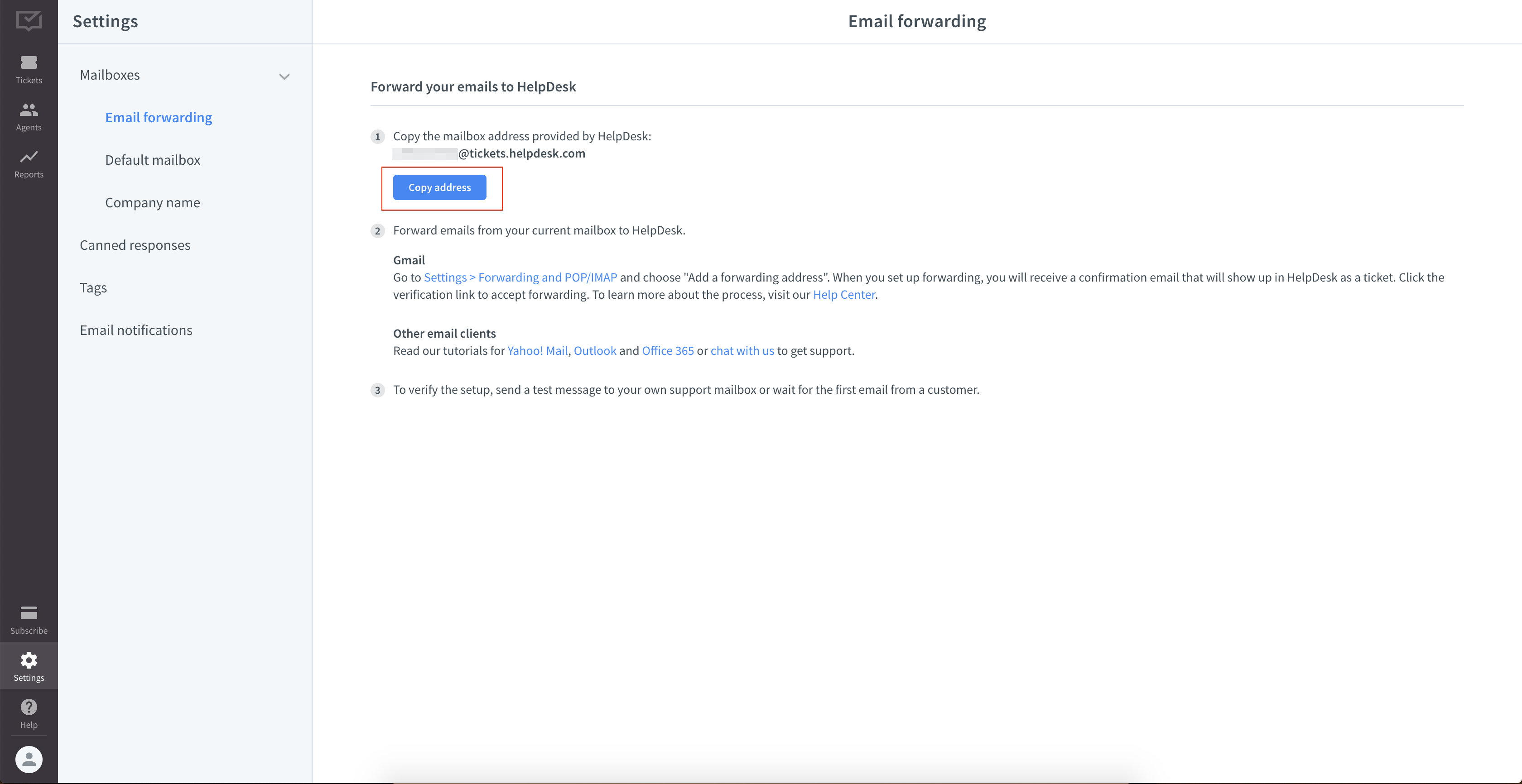 Forwarding settings in HelpDesk