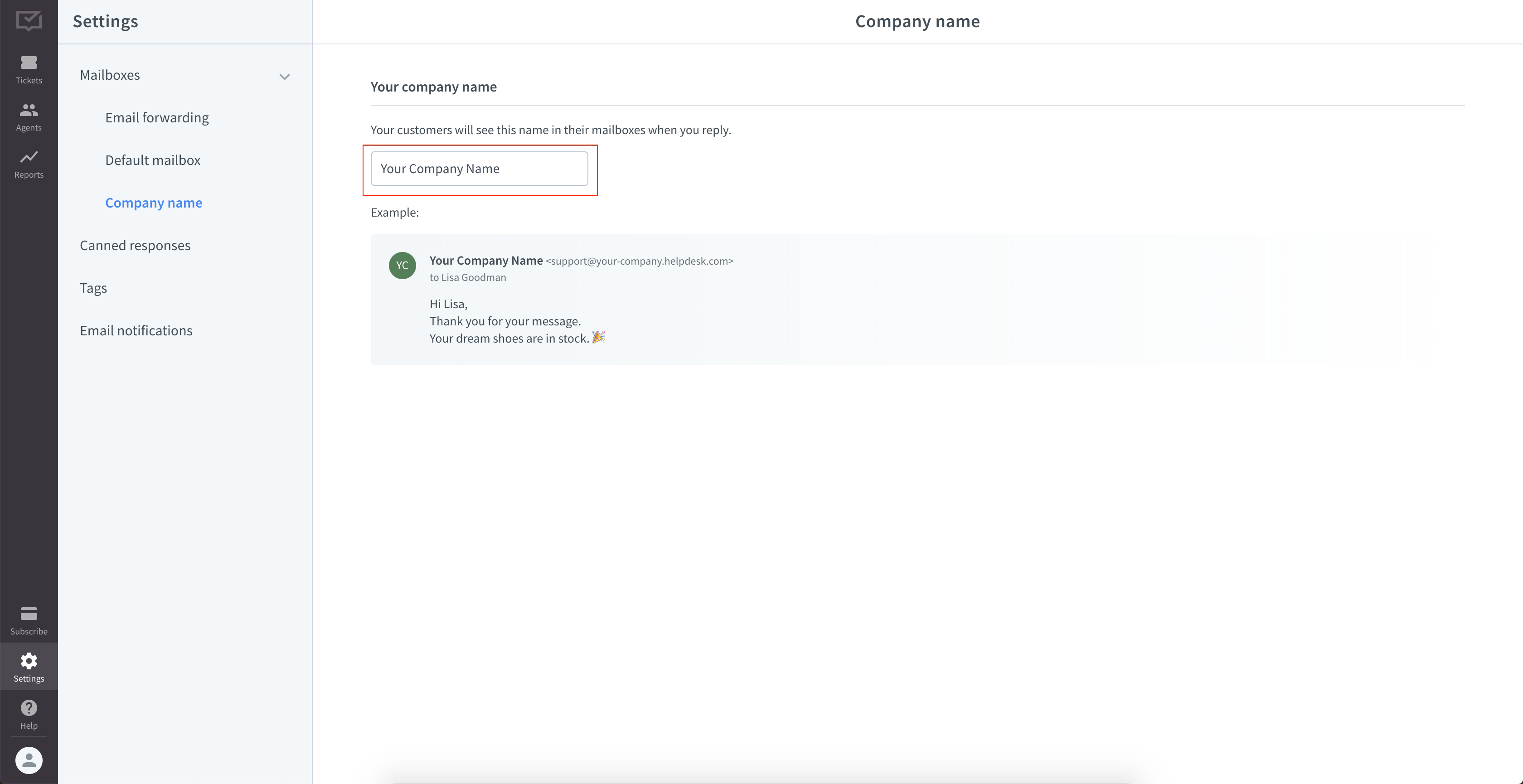 Comapny name in HelpDesk settings