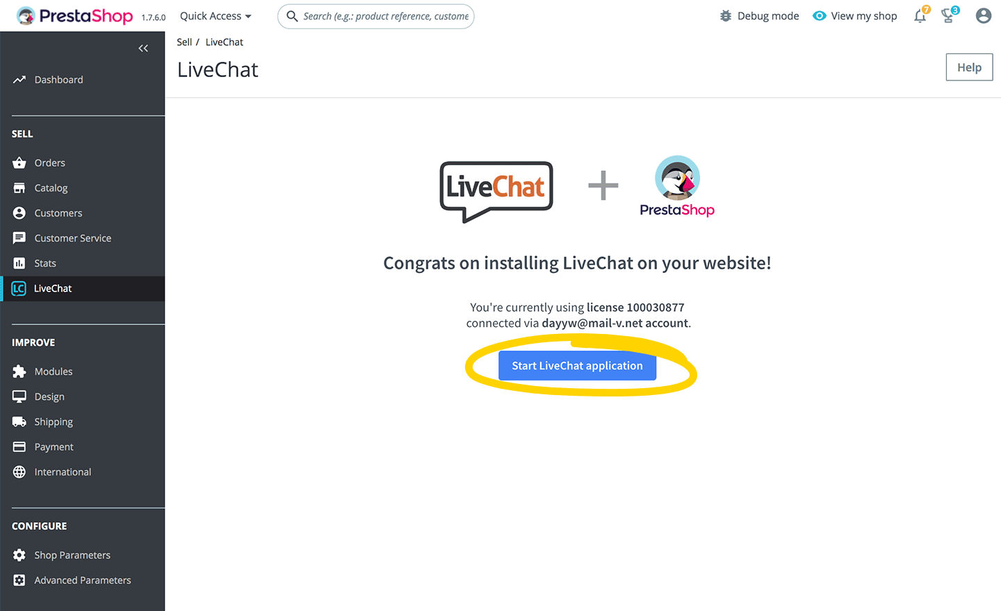 Finish LiveChat installation in PrestaShop