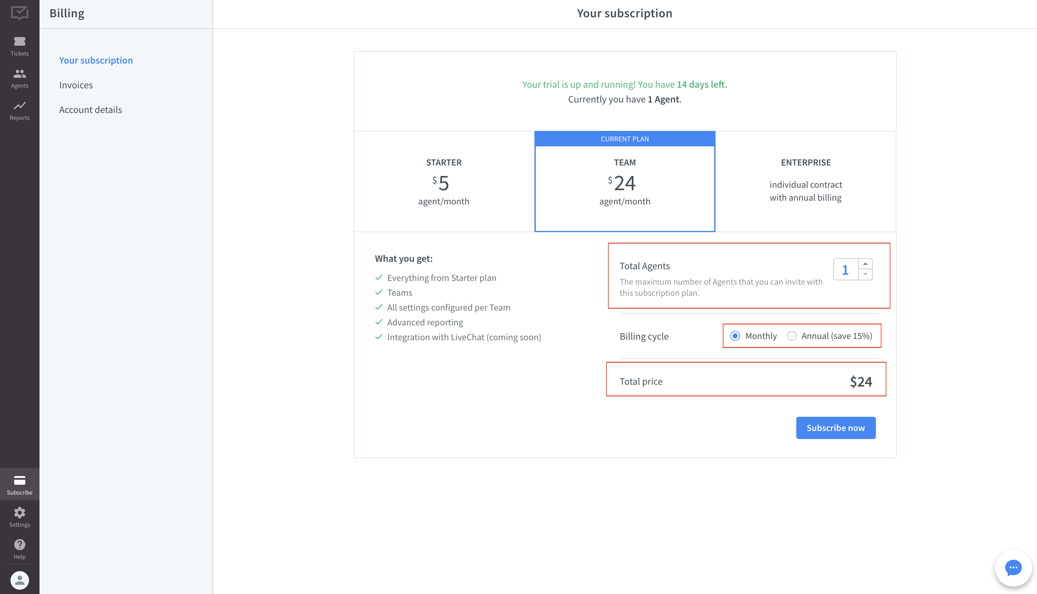 Your subscription details in HelpDesk