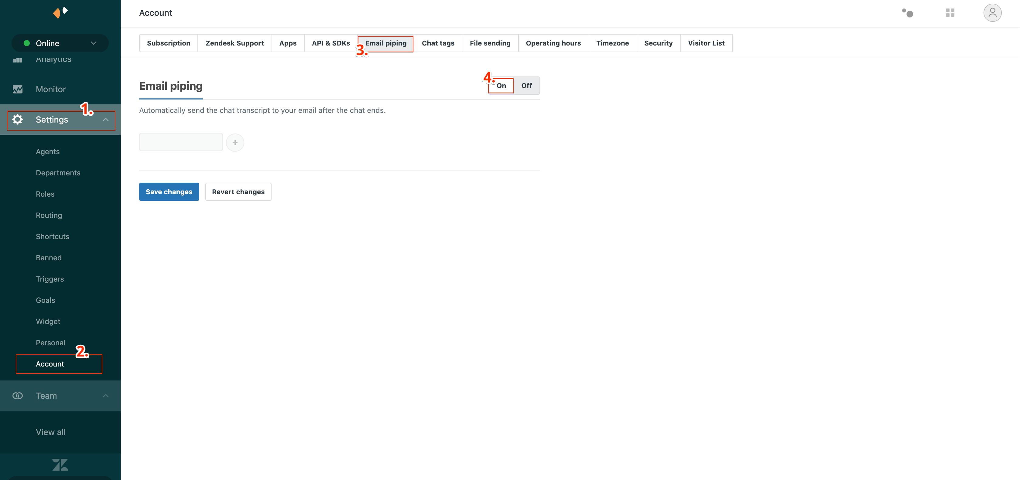 Zendesk settings - email piping