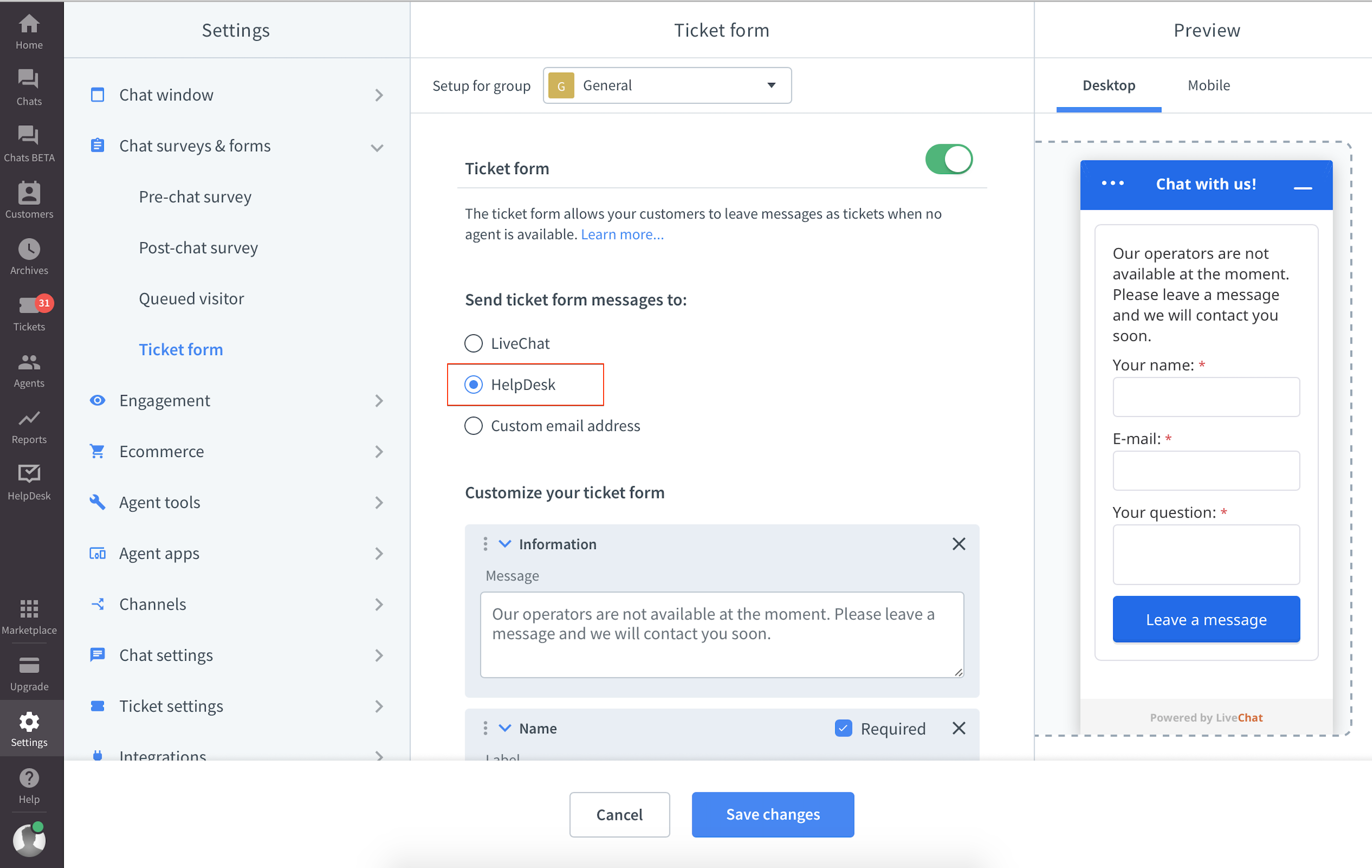 Forwarding ticket form messages to HelpDesk