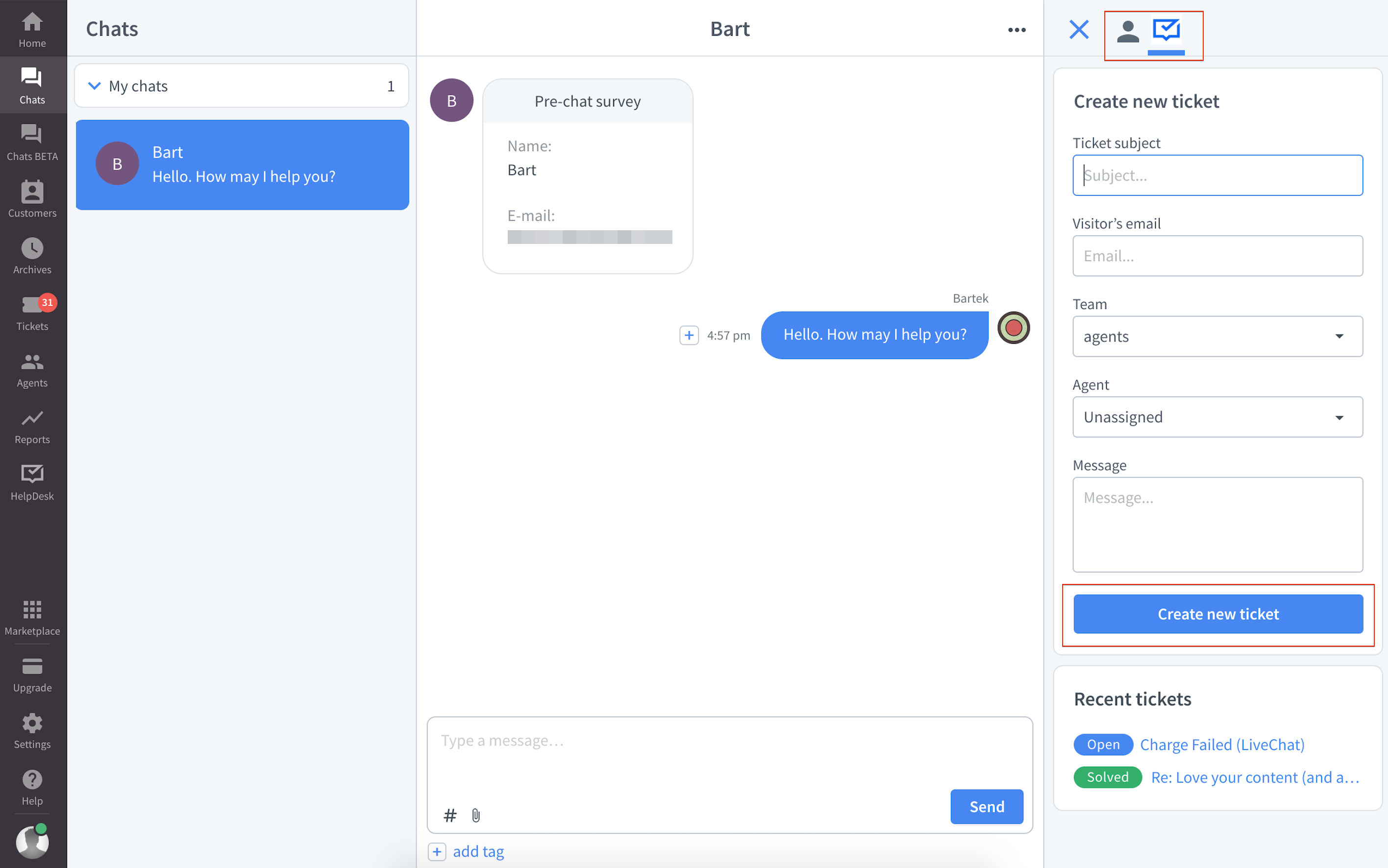 Create tickets from chats