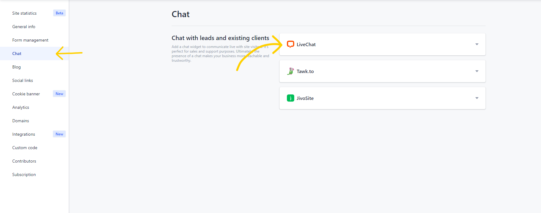 In your Weblium panel, go to Settings and select Chats.