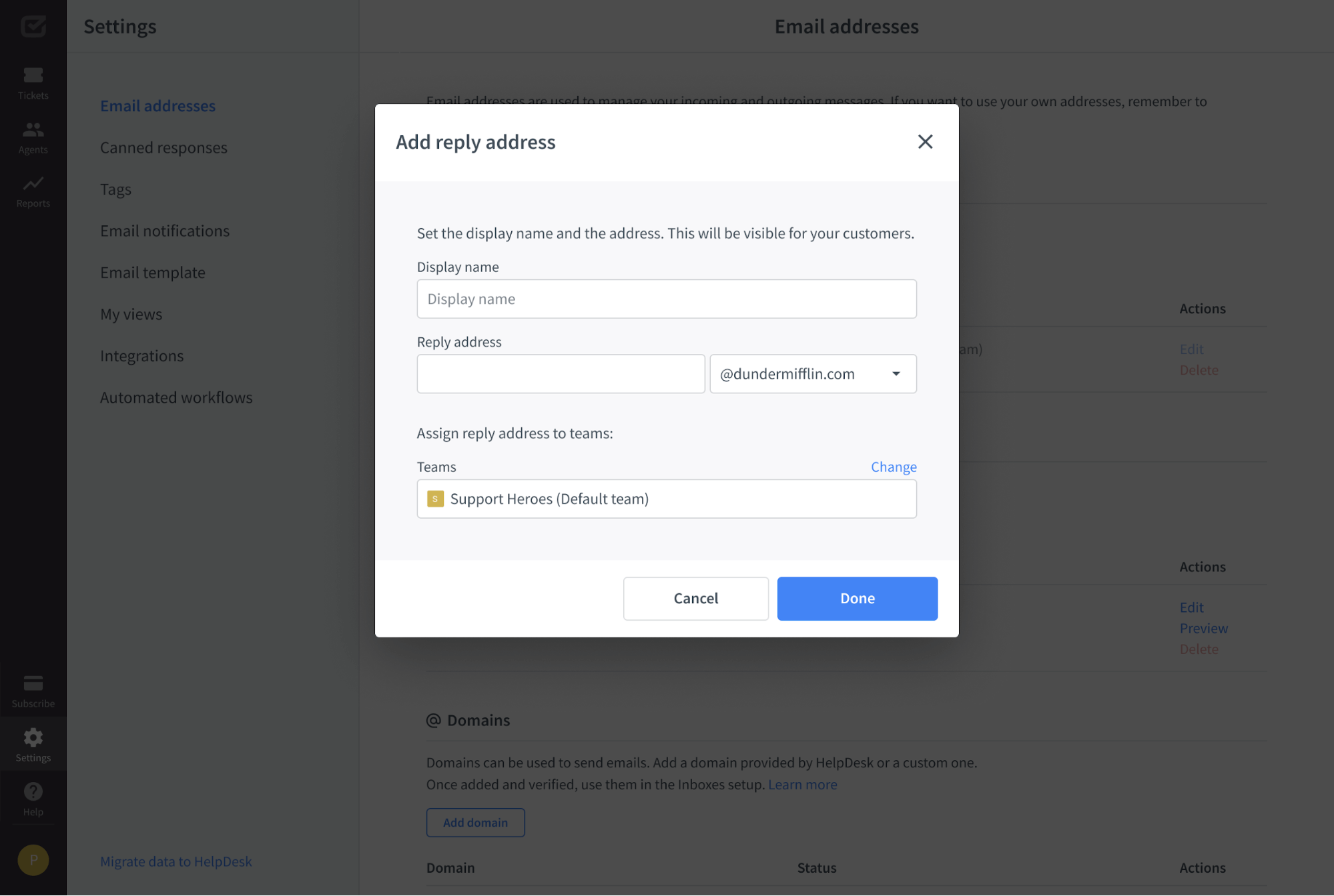 Adding a reply address in the HelpDesk app.
