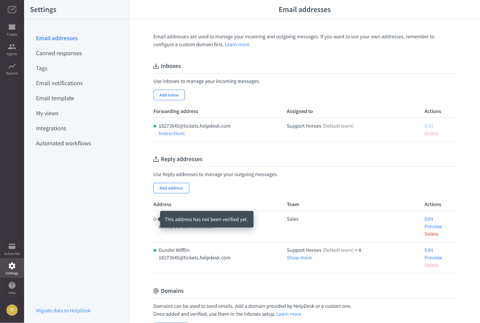 Reply address section before address verification.