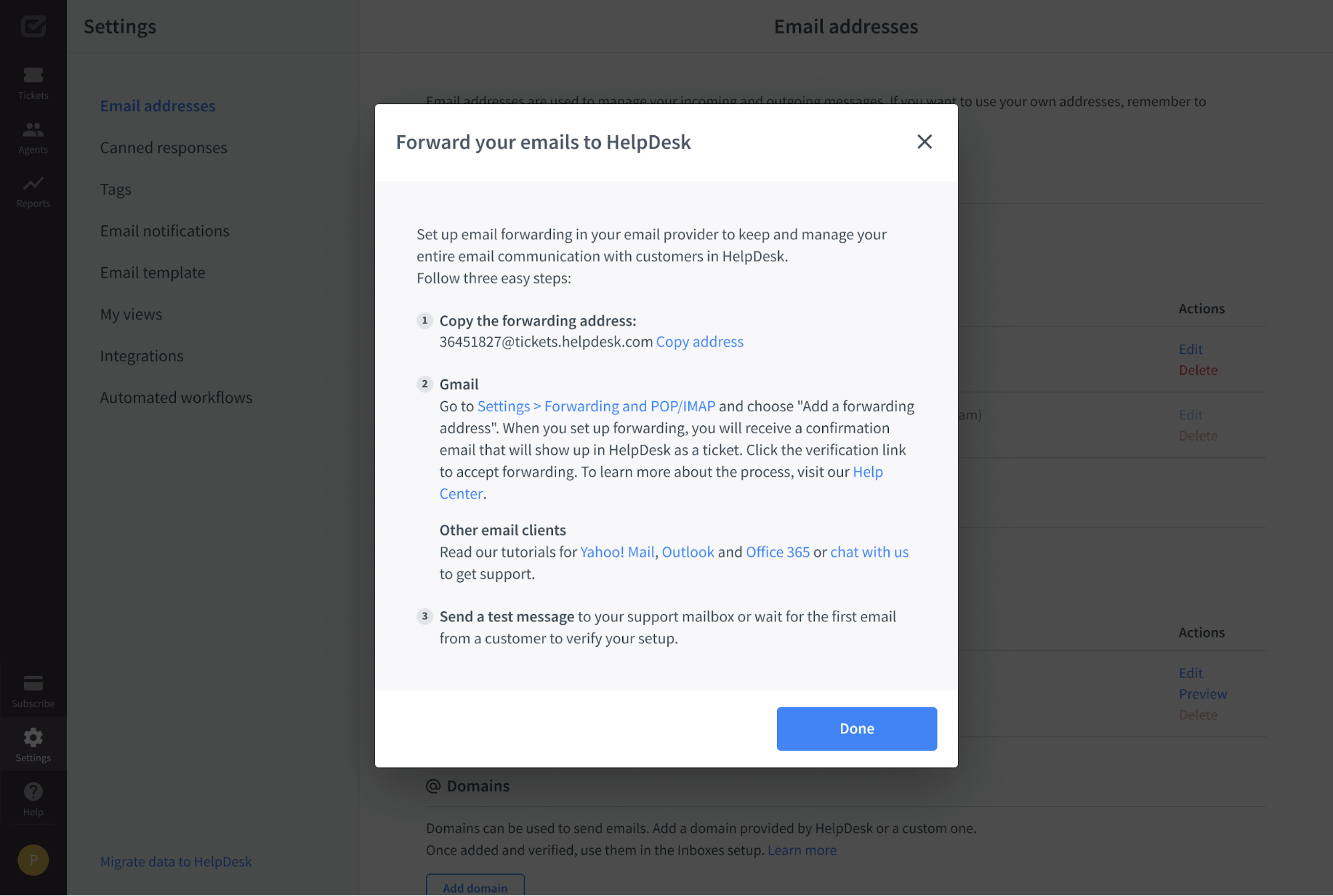 Forwarding instructions in the HelpDesk app.