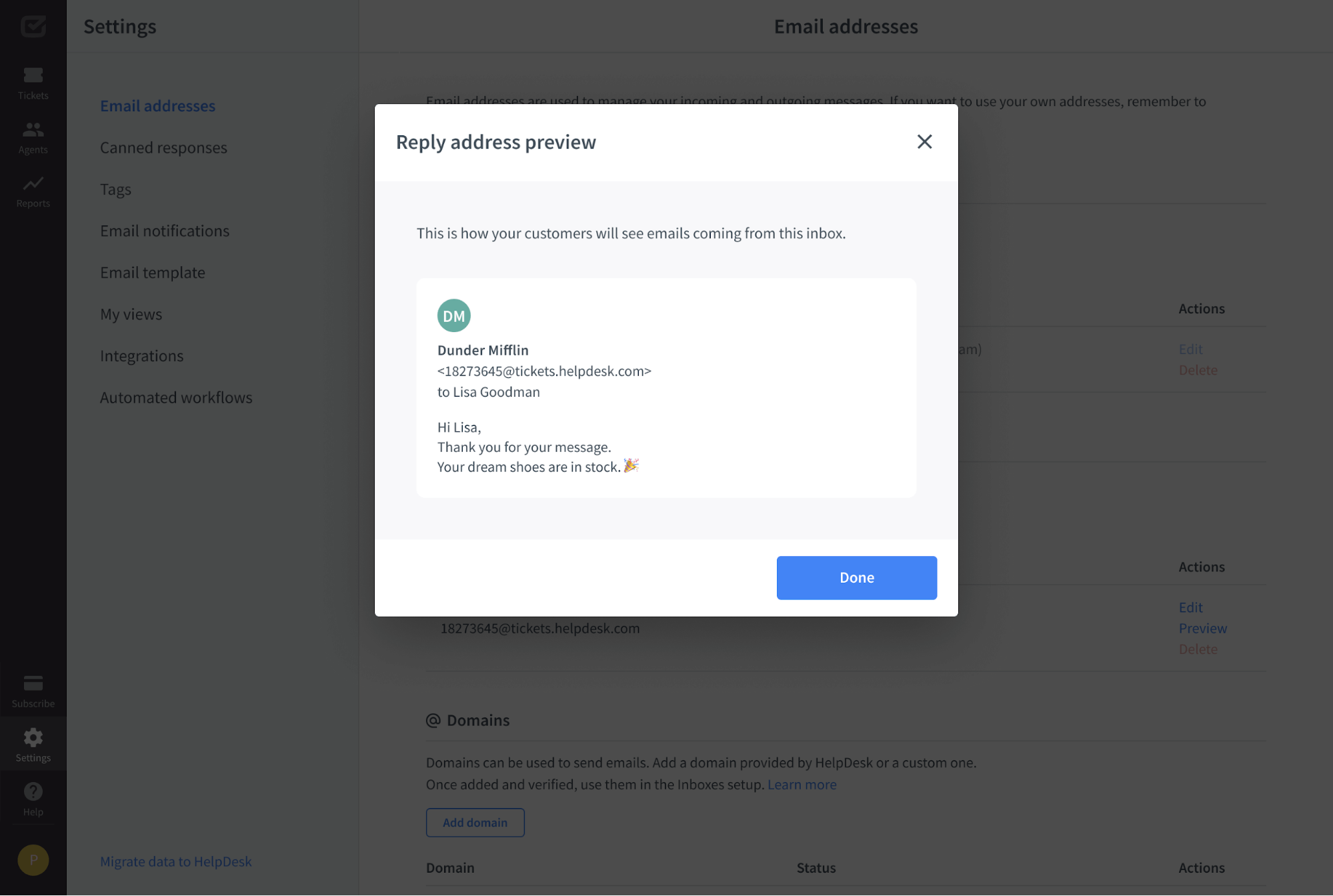 Preview of a reply address in the HelpDesk app.