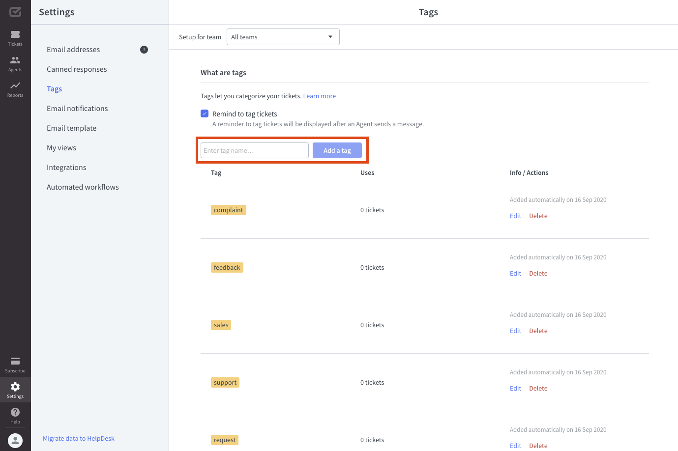 Tags in HelpDesk Settings