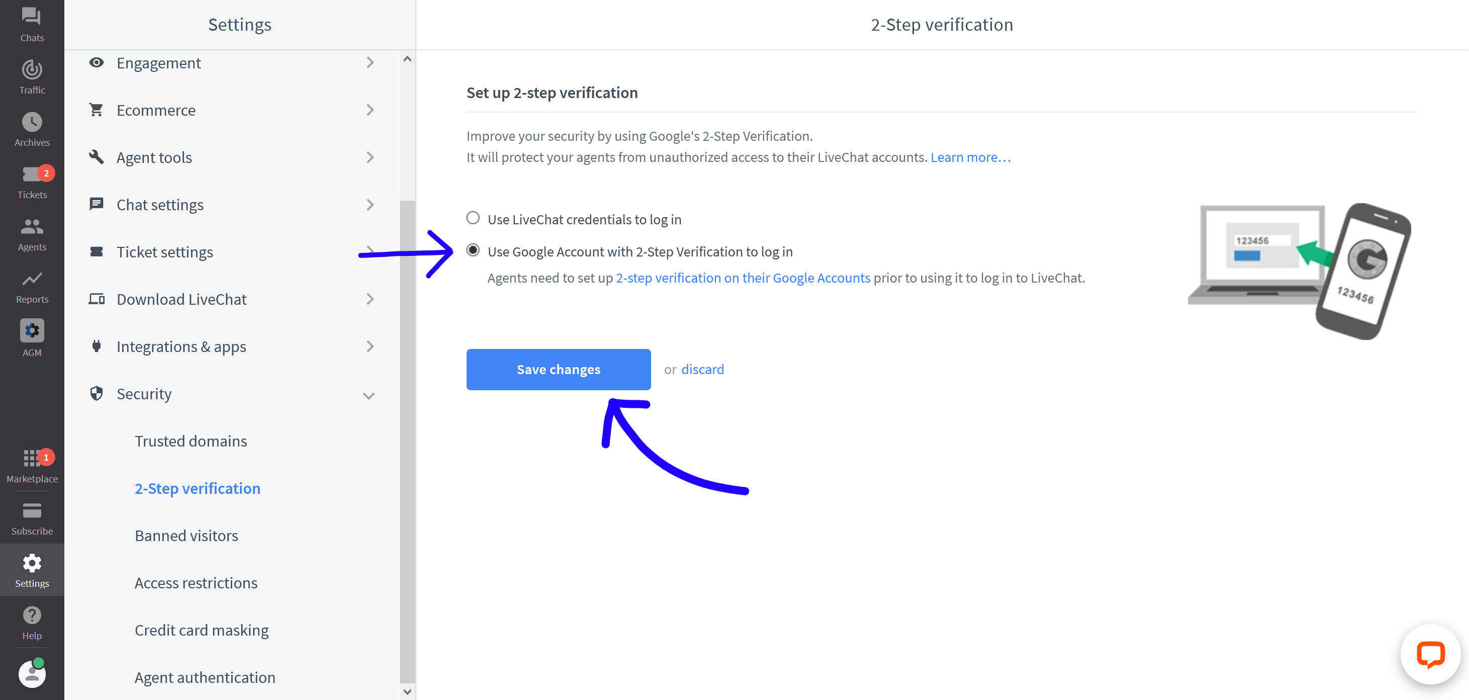 Saving Google 2-factor verification options in LiveChat