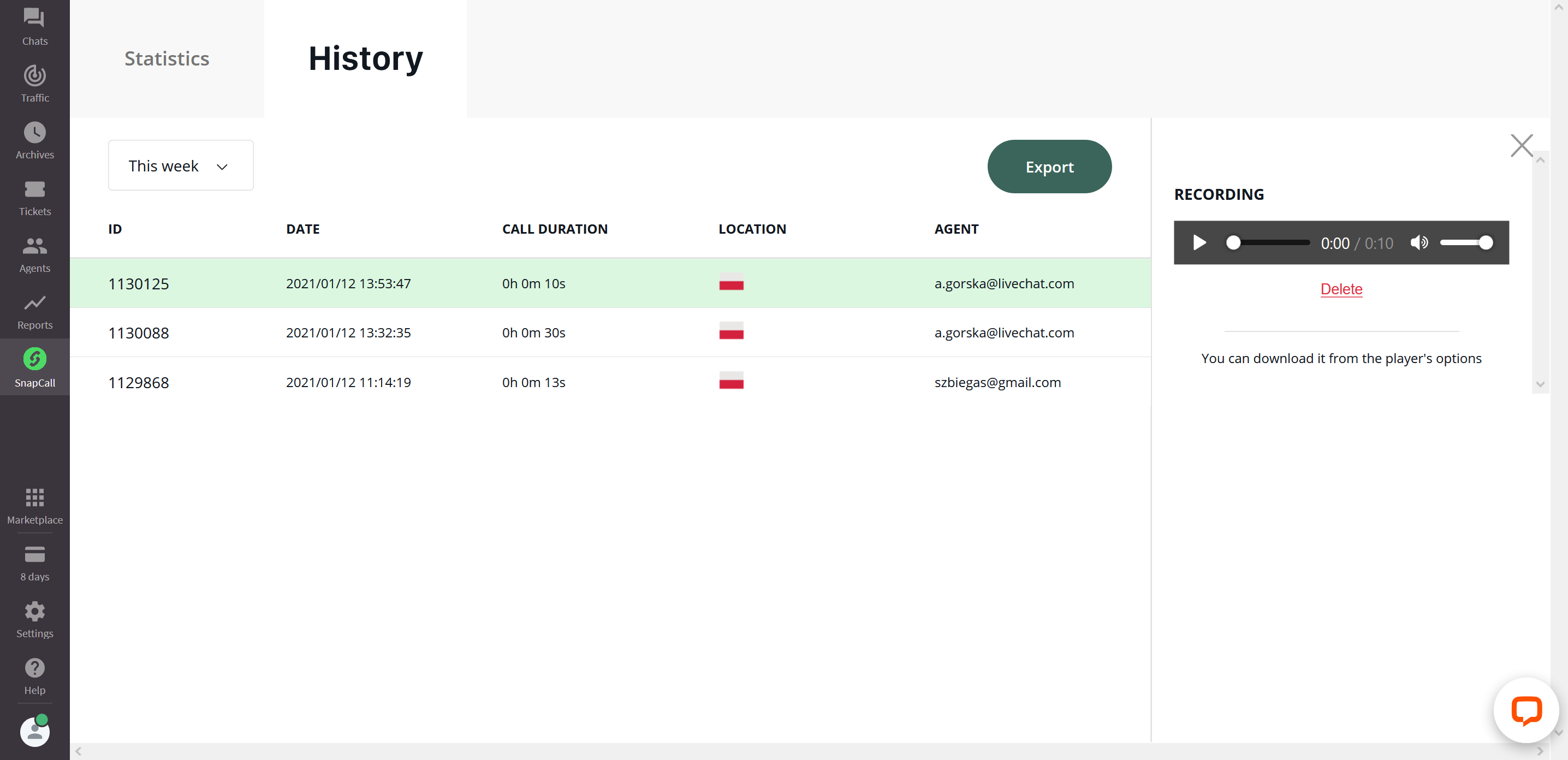 SnapCall dashboard in the LiveChat agent app.