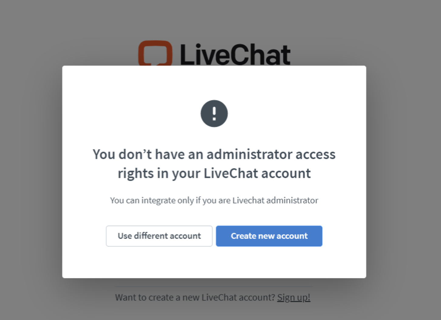 Error message: You don&rsquo;t have administrator access rights in your LiveChat account