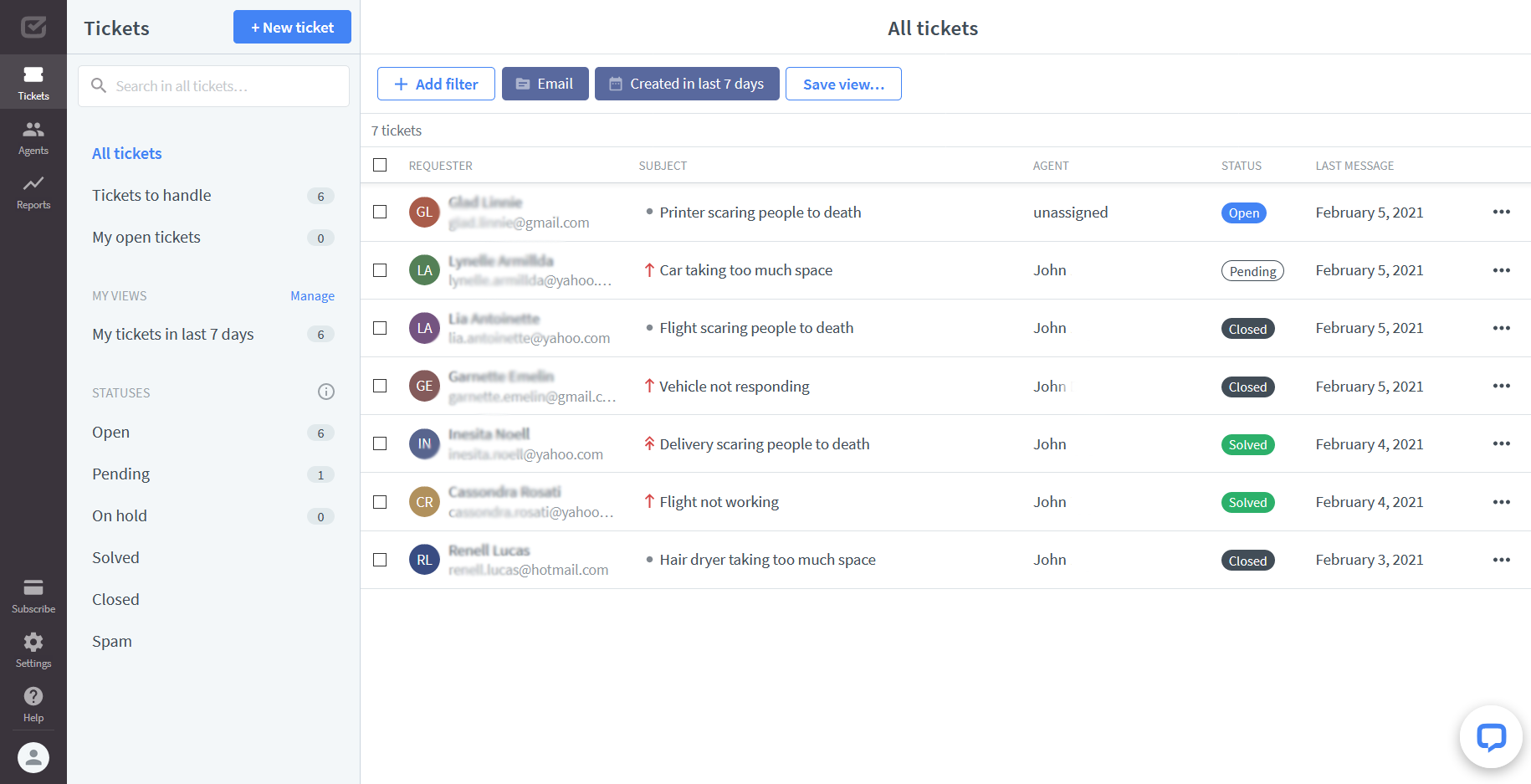 HelpDesk view of a list of tickets with variuos statuses: Open, Pending, Solved and Closed.