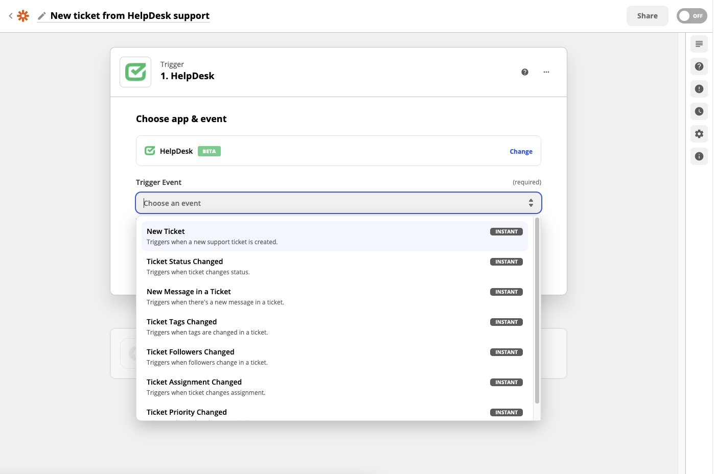 Selecting the &ldquo;New Ticket&rdquo; trigger.