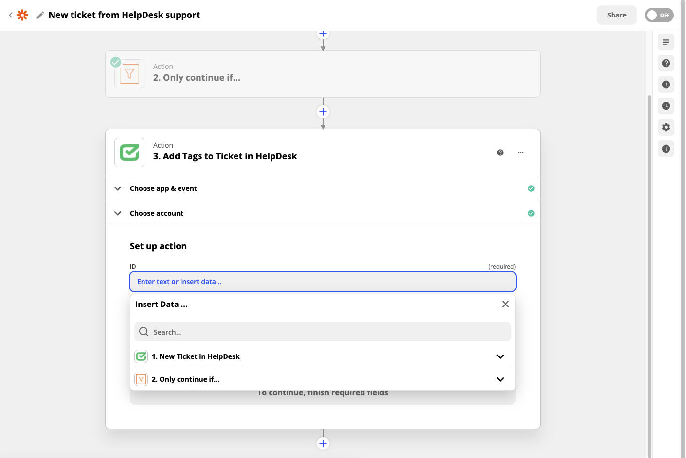 Selection of HelpDesk to use its data to perform the action.