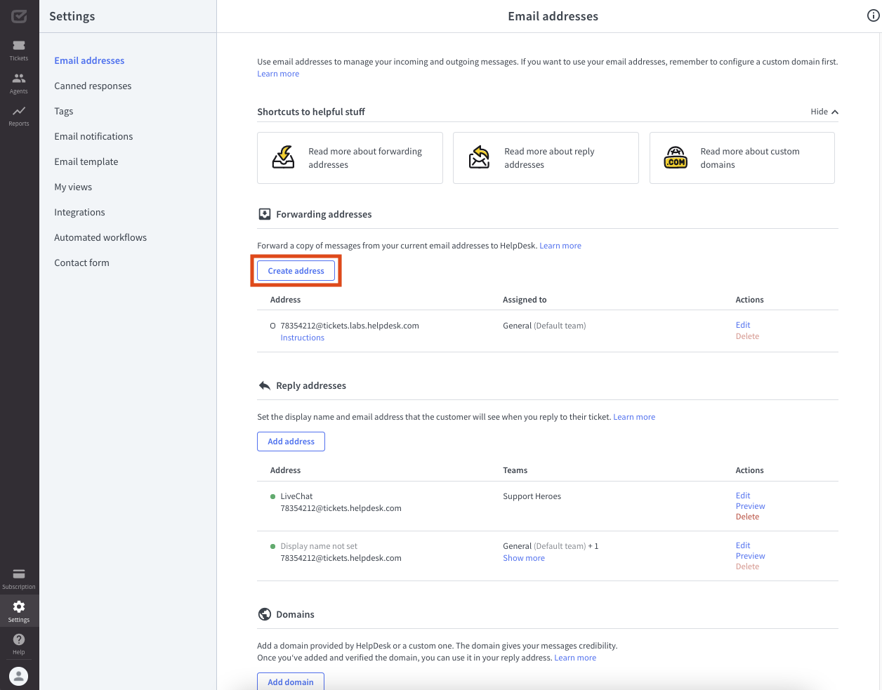 Creating the new forwarding address in HelpDesk.