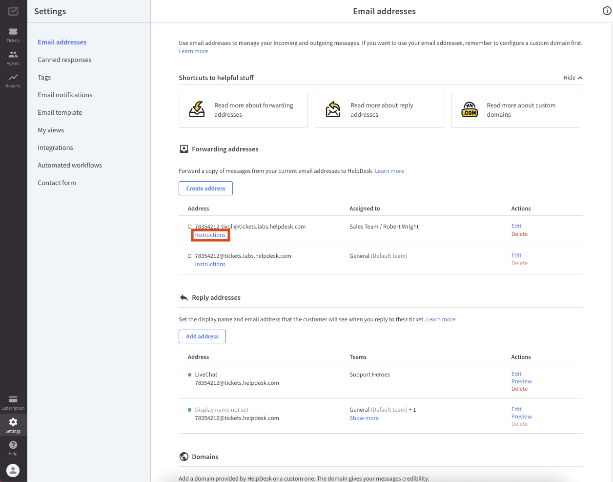 Instructions section in the “Email addresses” section in HelpDesk.