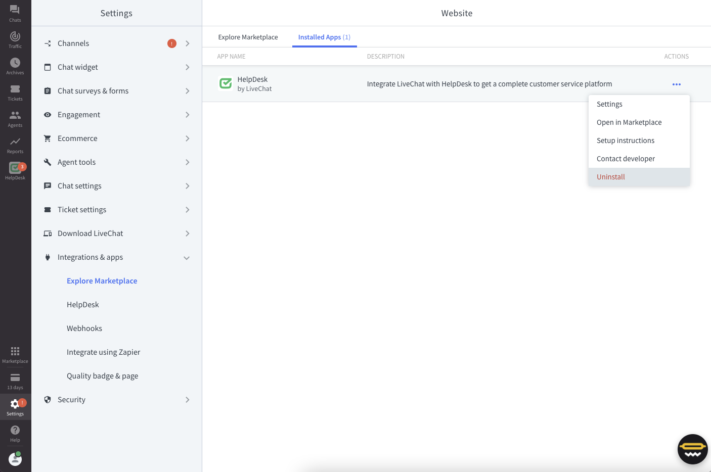 Uninstalling HelpDesk in LiveChat settings.