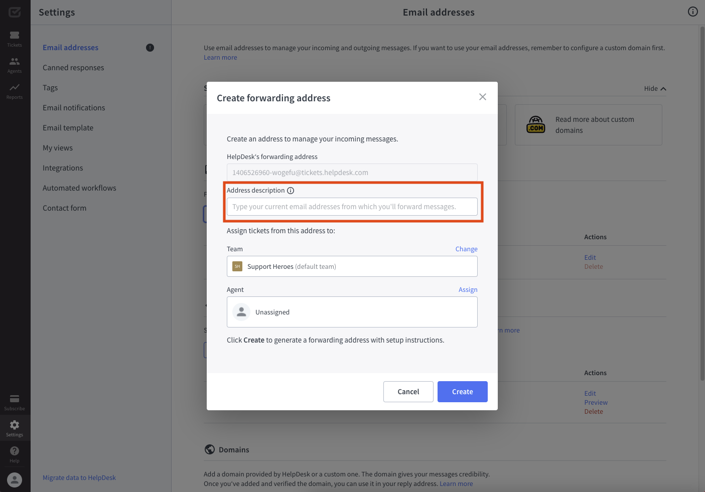 Adding address description in the forwarding address settings.