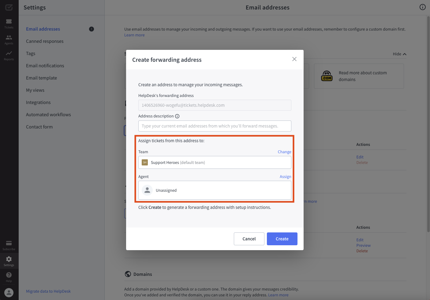 Setting up forwarding address in HelpDesk with selected agent and team data.
