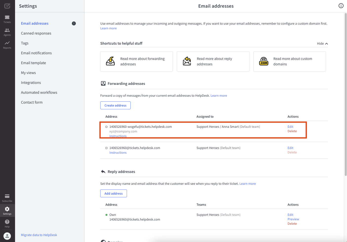 A new forwarding address is on the addresses list.