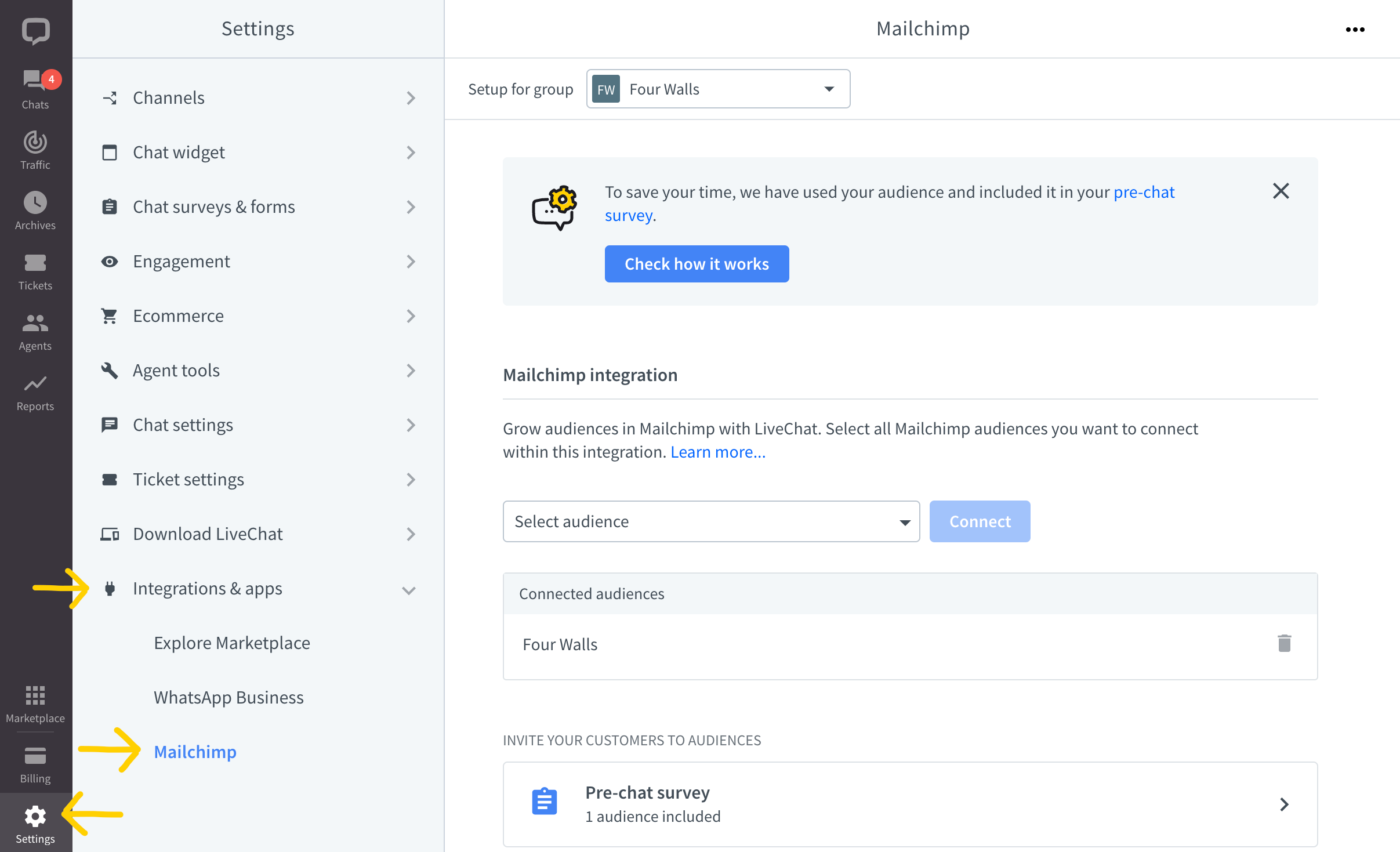 To adjust LiveChat settings for Mailchimp, go to Settings>Integrations & apps>Mailchimp