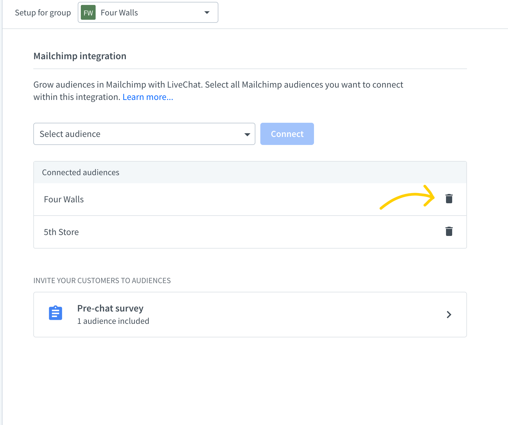 To delete audiences simply click on the bin icon next to the audience you wish to delete.