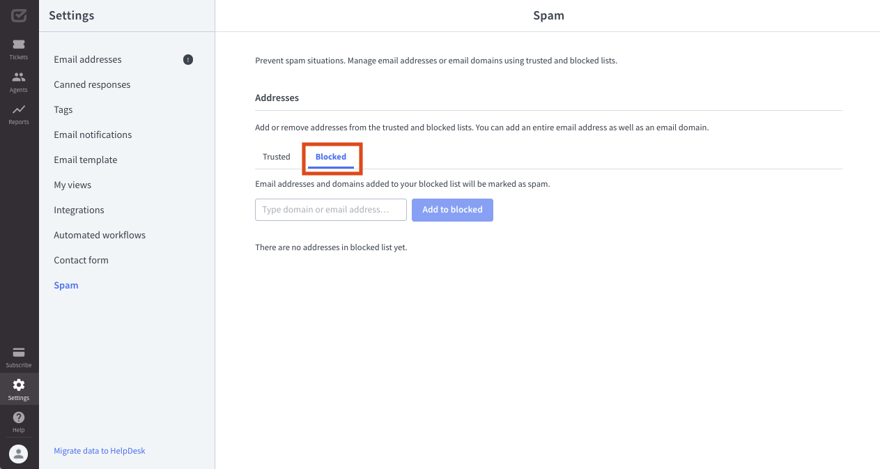 Blocked list in the spam settings in HelpDesk.