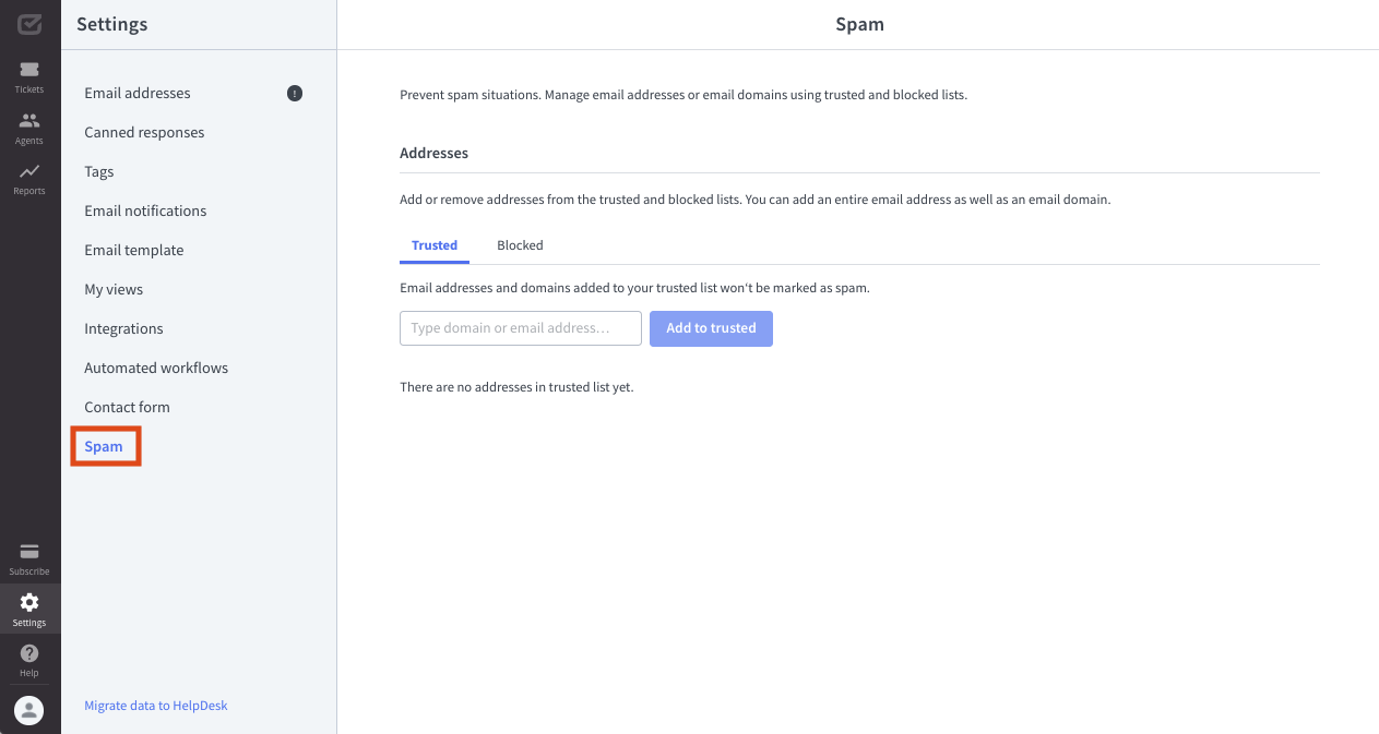 Spam settings in HelpDesk. 