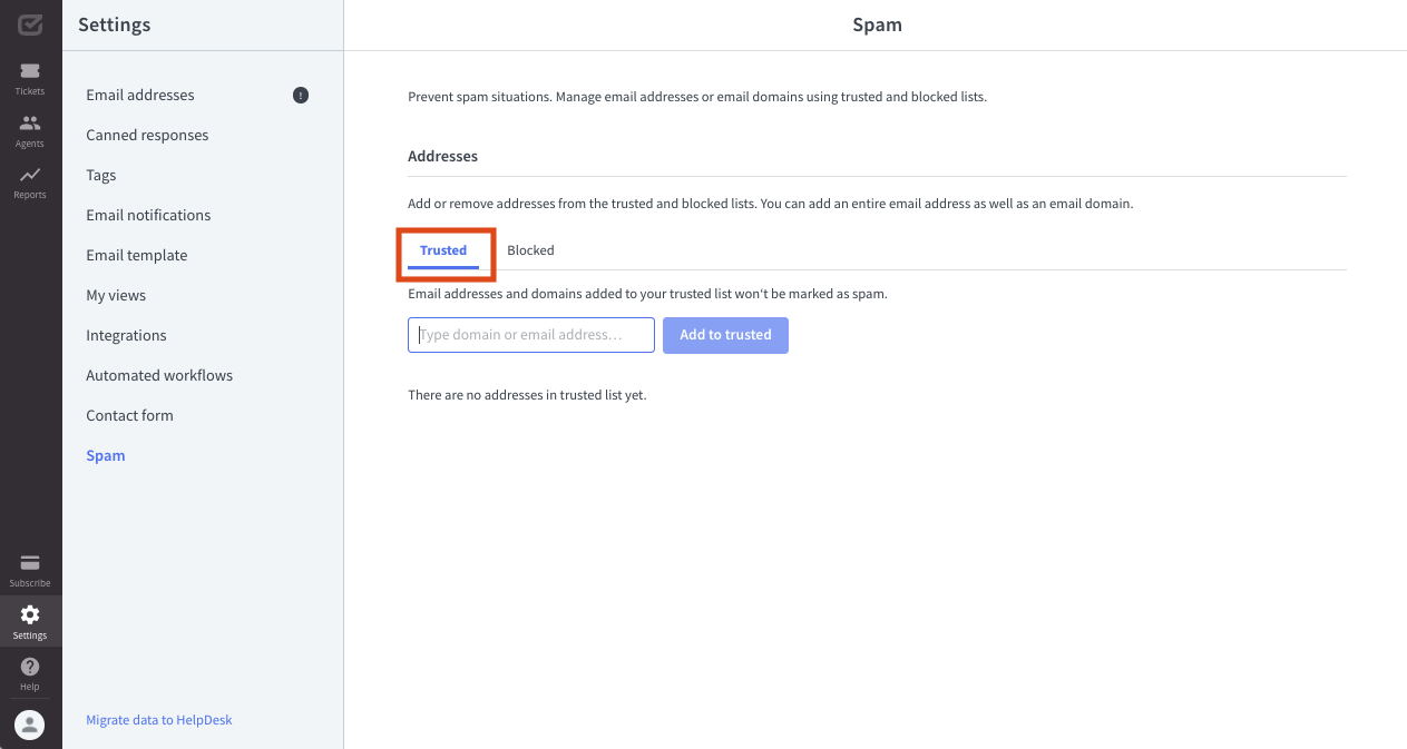 Trusted list in the spam settings in HelpDesk.