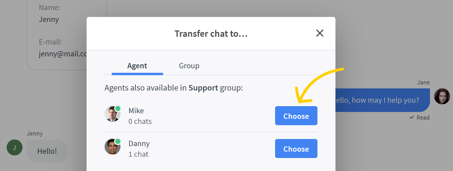 Click on choose to transfer chat to the selected agent