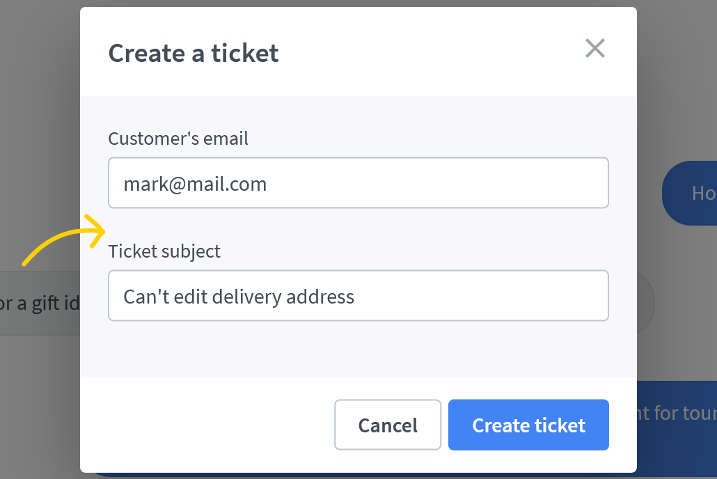 Provide visitor email and ticket subject