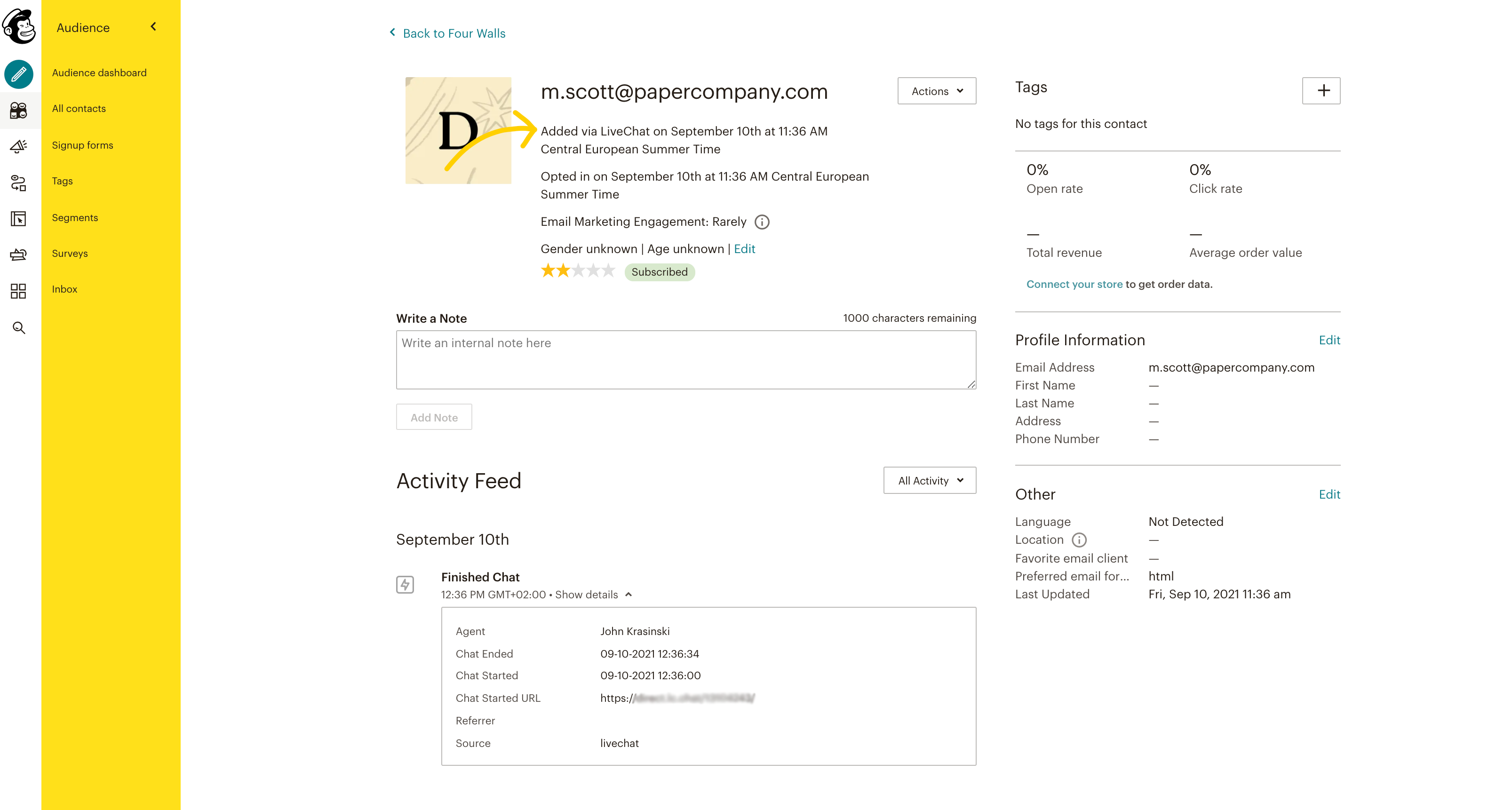 Customer profile in Mailchimp, with LiveChat indicated as the source.