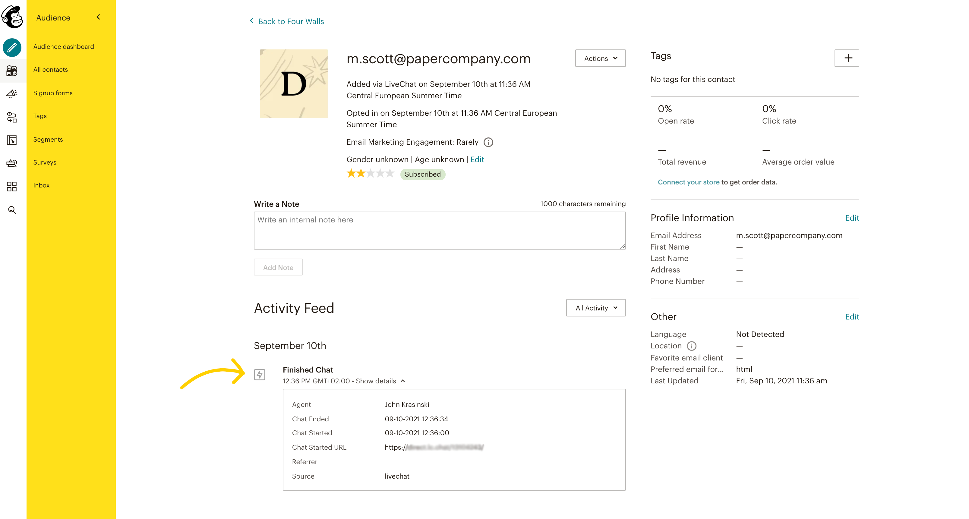 Customer profile in Mailchimp with Finished chat event indicated.