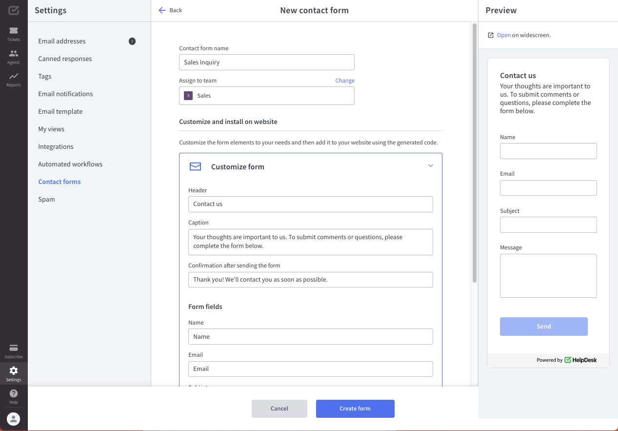 Customization options for the contact form in HelpDesk. 