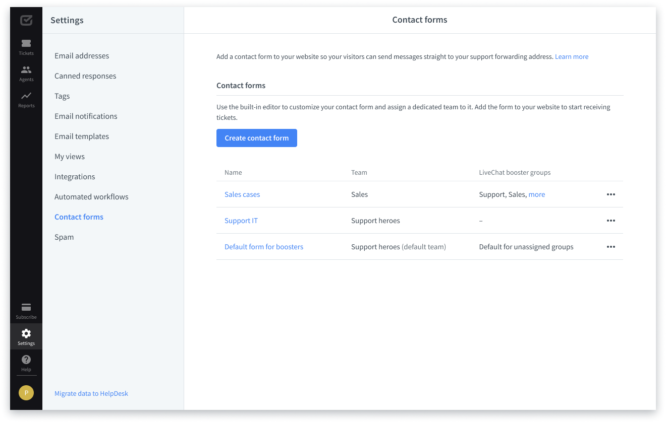 Overview of contact form settings.